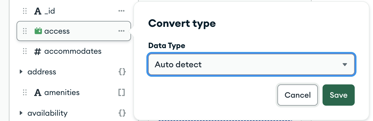 A field converted to a string will show a green "A" symbol to indicate its new status.